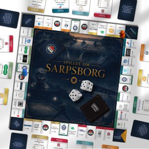 Spelebrettet til Spillet om Sarpsborg sett ovanfrå, med terningar og kort